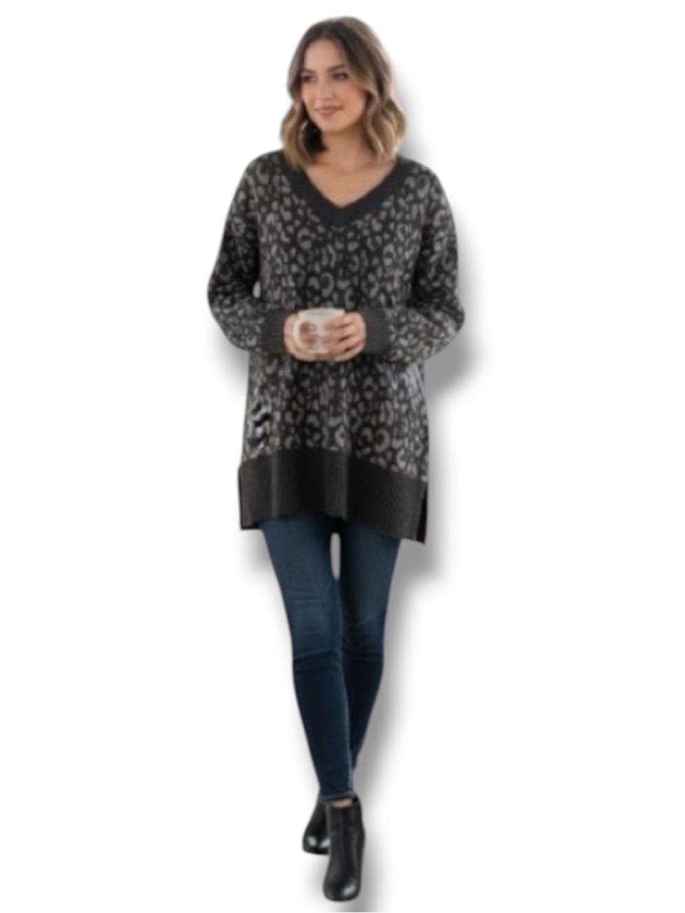 Nine West Sweater Silver Gray Leopard Animal Print V-Neck Pullover Size Medium